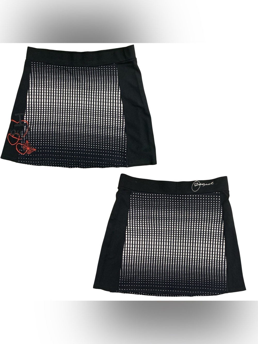 Desigual Black Mini Skirt with Red Heart Accents Size L